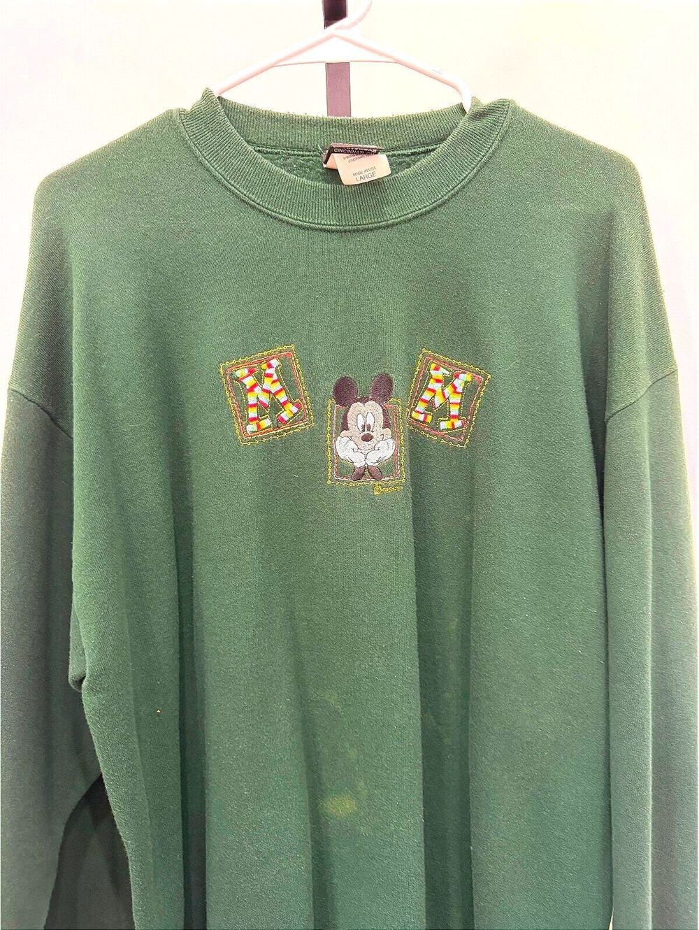 Vintage Mickey Mouse Green Sweatshirt Large MOM